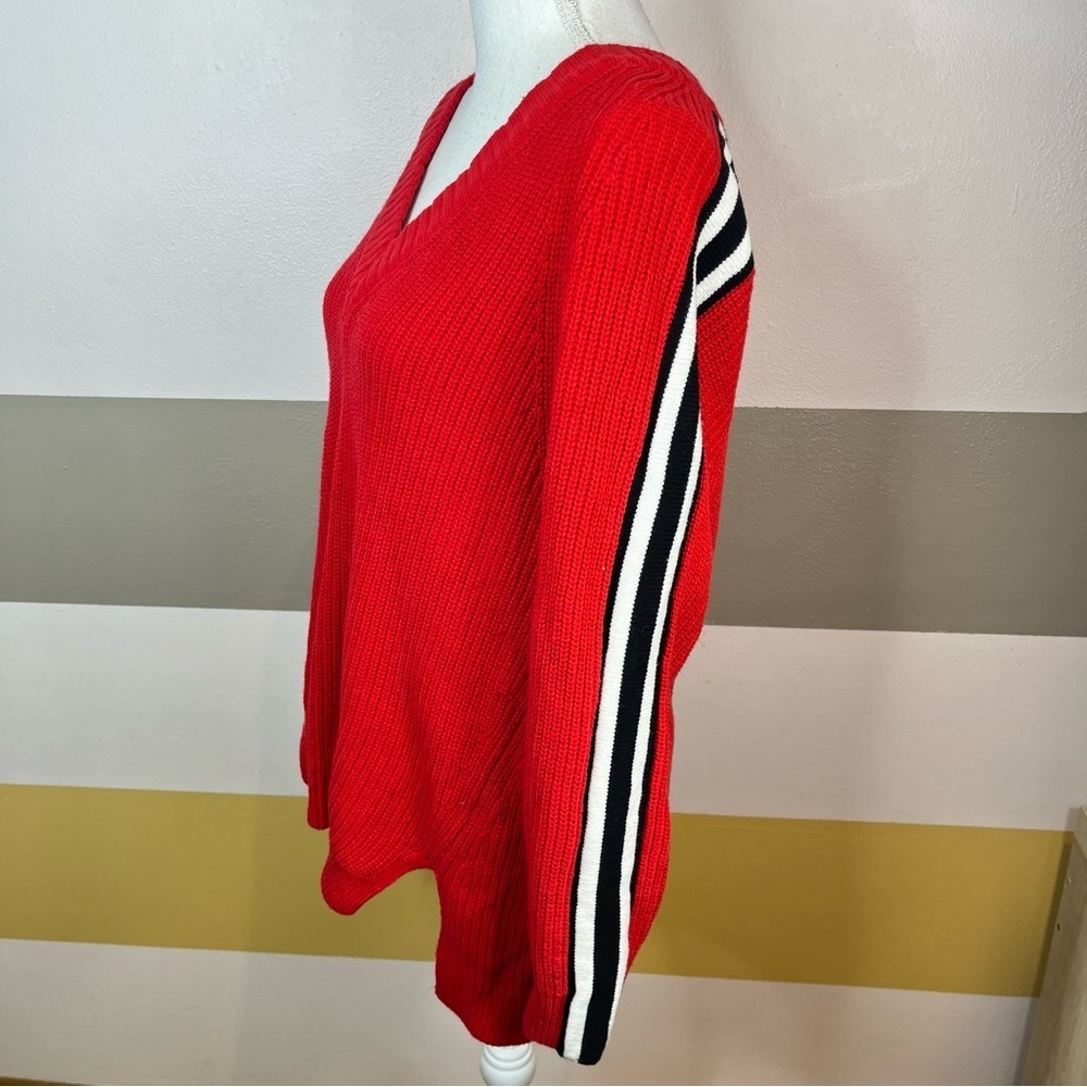 2/$25 Express Bright Red Striped Knit Woven Pullover Bold Chunky Thick Sweater S - Picture 5 of 15